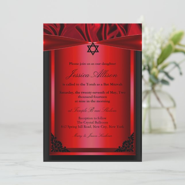 Bat mitzvah inbjudan till Red & Black Silke (Stående Fram)