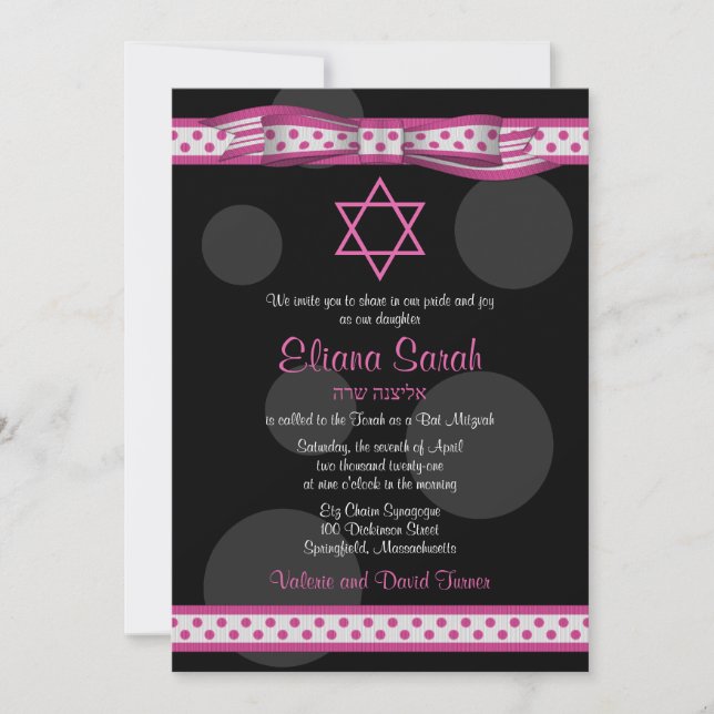 Bat mitzvah inbjudan till rosa Black Polka dots Bo (Framsida)
