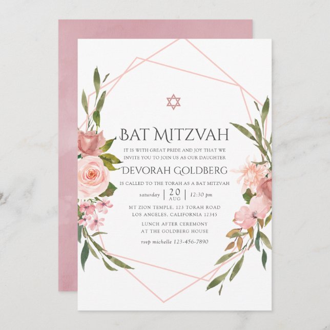 Bat mitzvah inbjudan till  Rosa Blommigt  (Fram/baksida)