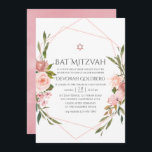 Bat mitzvah inbjudan till  Rosa Blommigt<br><div class="desc">bat mitzvah inbjudan till  rosa med dekortecken i sage grönt som lägger till ett guld-geometriskt ram.</div>