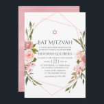 Bat mitzvah inbjudan till  Rosa Blommigt<br><div class="desc">bat mitzvah inbjudan till  rosa med dekortecken i sage grönt som lägger till ett guld-geometriskt ram.</div>
