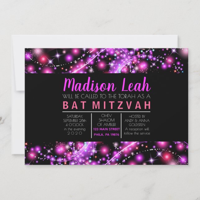 Bat mitzvah inbjudan till ROSA GLOWING STARS (Framsida)