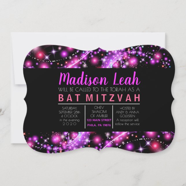 Bat mitzvah inbjudan till rosa GLOWING STARS (Framsida)
