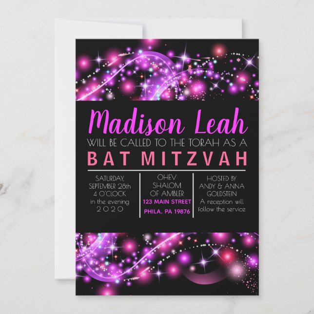 Bat mitzvah inbjudan till rosa GLOWING STARS (Framsida)