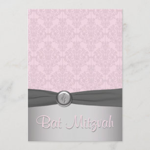 Bat mitzvah inbjudan till Rosa och Grått Damask Ba