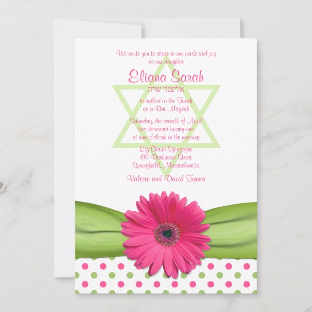 Bat mitzvah inbjudan till rosa och Grönt Polka dot (Framsida)