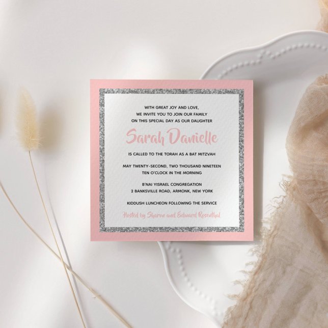 Bat mitzvah inbjudan till rosa och Silver (Skapare uppladdad)