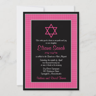 Bat mitzvah inbjudan till rosa och svart Polka-pun