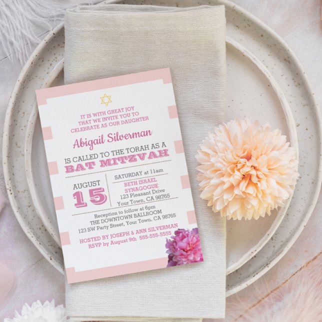 Bat mitzvah inbjudan till rosa Rand och Peony (Skapare uppladdad)