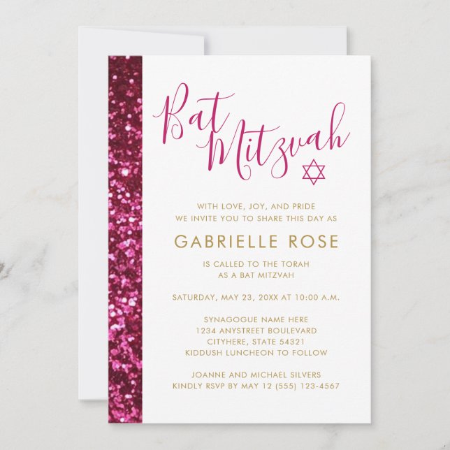 Bat mitzvah inbjudan till Shock rosa Glitter Spark (Framsida)