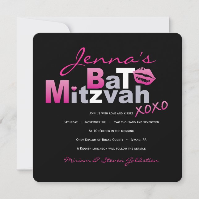 Bat mitzvah inbjudan till SHOCK ROSA KÄRLEK & KISS (Framsida)