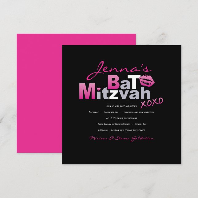 Bat mitzvah inbjudan till SHOCK ROSA KÄRLEK & KISS (Fram/baksida)
