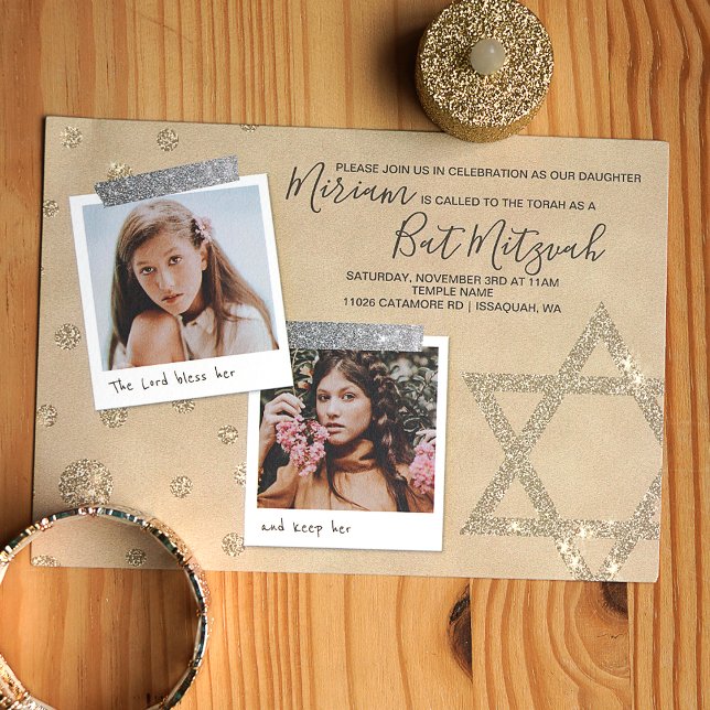 Bat mitzvah inbjudan till silver, Guld Glitter (Gold and silver glitter star of david bat mitzvah invitation with photos)