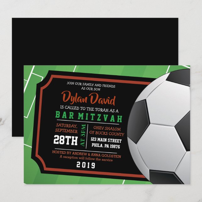 BAT MITZVAH inbjudan till SOCCER BILJETT Pub (Fram/baksida)