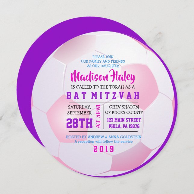 BAT MITZVAH inbjudan till SOCKER ROUND GIRLS (Fram/baksida)
