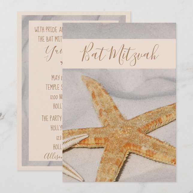 Bat mitzvah inbjudan till stjärnfisk (Fram/baksida)