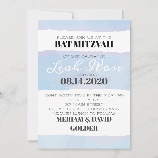 BAT MITZVAH inbjudan till SUBTLE WATERCOLOR Pub (Framsida)