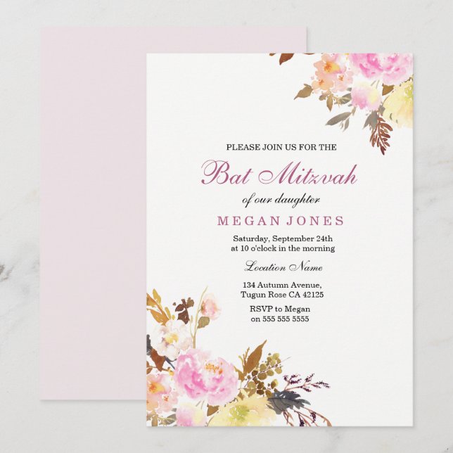 Bat mitzvah inbjudan till Sweet Rosa Blommigt Girl (Fram/baksida)