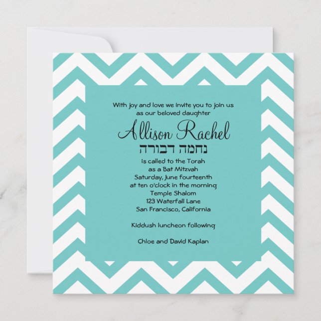 Bat mitzvah inbjudan till Teal Chevron (Framsida)