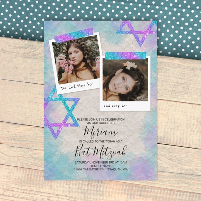 Bat mitzvah inbjudan till turkos & Rosa-skrapbok (sparkly glitter stars, turquoise and pink bat mitzvah party invitation, 12th birthday)
