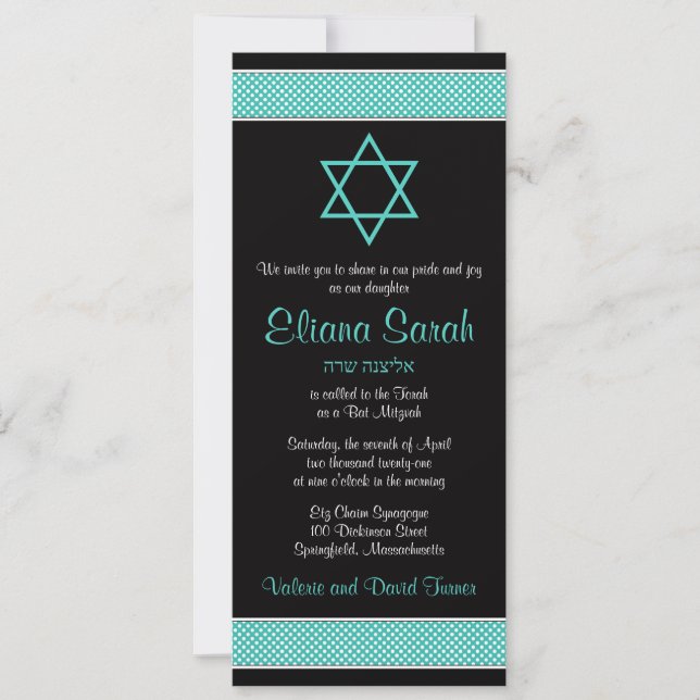 Bat mitzvah inbjudan till Turquise Black Polka Dot (Framsida)