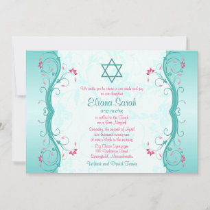 Bat mitzvah inbjudan till Turquise Rosa Blommigt