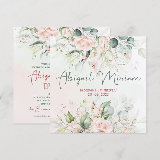 Bat mitzvah inbjudan till vattenfärgsblommor hebre (Fram/baksida)