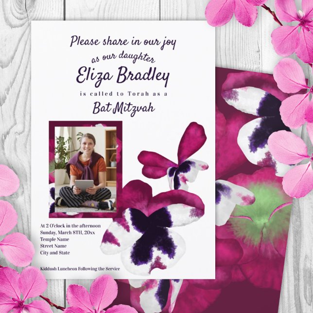 Bat mitzvah inbjudan till Violet & Lila Panel (12th birthday, photo bat mitzvah invitation, violet pink flowers, summer pansies, berry purple petal)