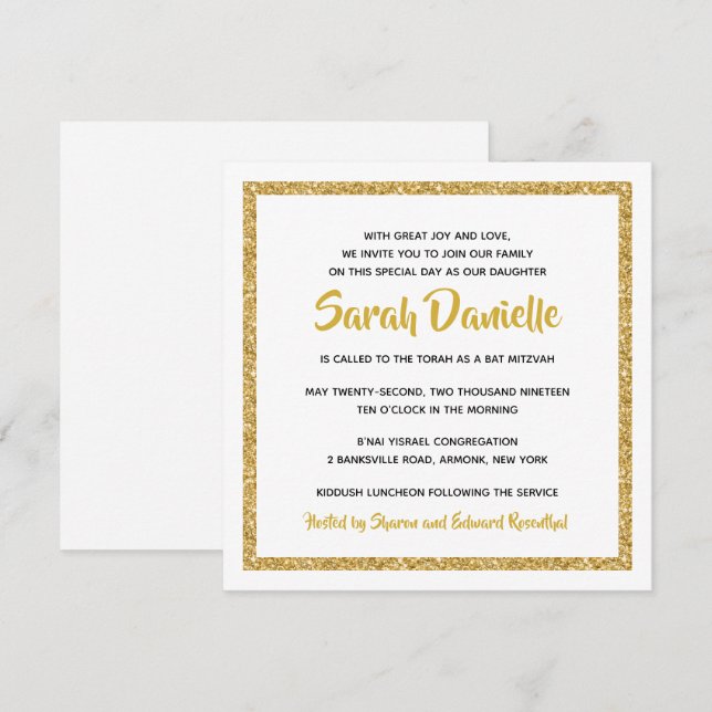 Bat mitzvah inbjudan till vit och Guld-torget (Fram/baksida)
