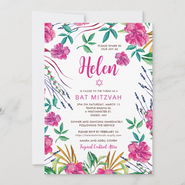 Bat Mitzvah-inbjudan Tropisk Blomma Inbjudningar (Framsida)