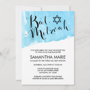 Bat mitzvah inbjudningar för blå vattenfärg
