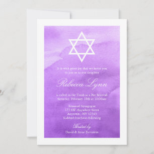 Bat mitzvah inbjudningar för lila vattenfärgsfärg