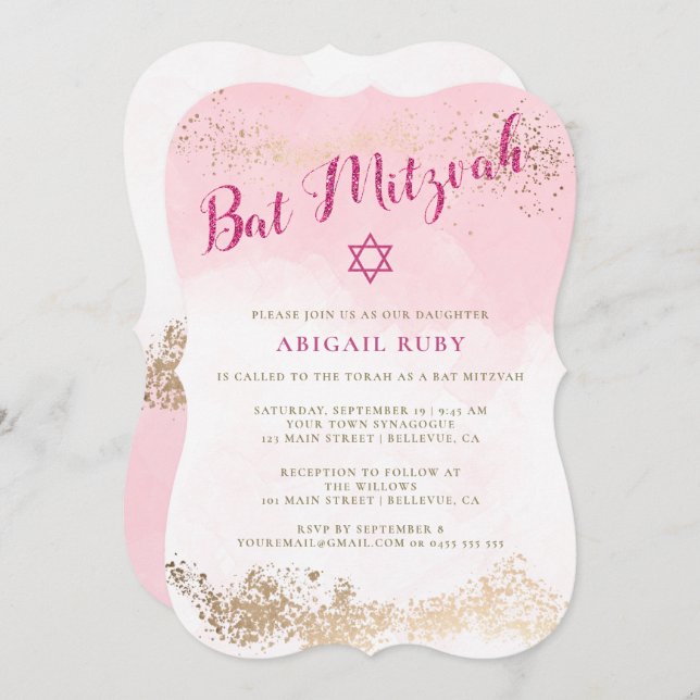 Bat mitzvah inbjudningar | Rosa & Guld Glitter 01 (Fram/baksida)