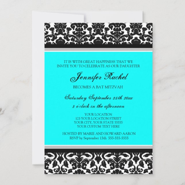 Bat mitzvah inbjudningar till Aqua Damask (Baksida)