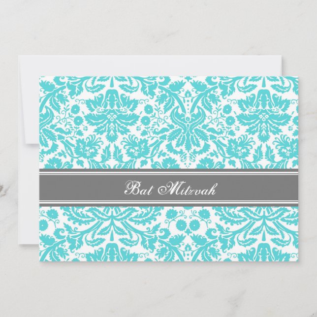 Bat mitzvah inbjudningar till Aqua Grått Damask (Framsida)