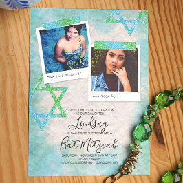 Bat mitzvah inbjudningar till Aqua, Grönt, Glitter