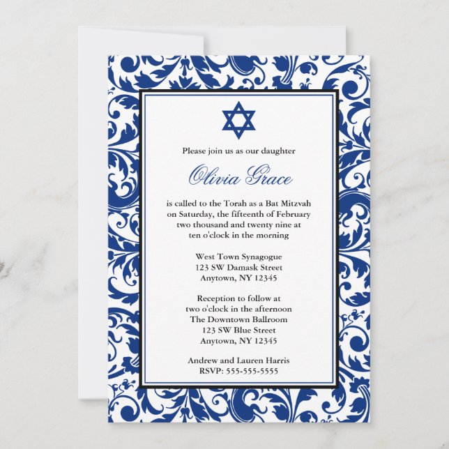 Bat mitzvah inbjudningar till Blue Swirl Damask (Framsida)