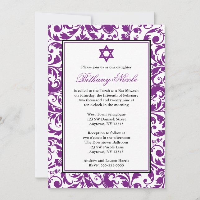 Bat mitzvah inbjudningar till lila Swirl Damask (Framsida)