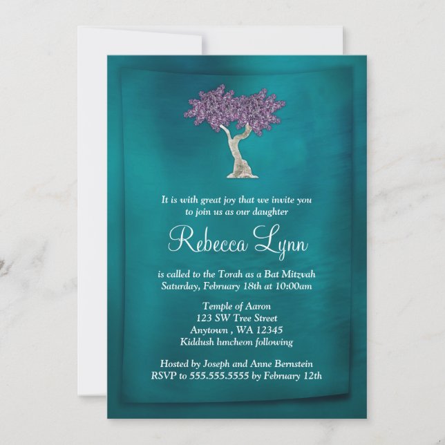 Bat mitzvah inbjudningar till lila Teal Livets trä (Framsida)