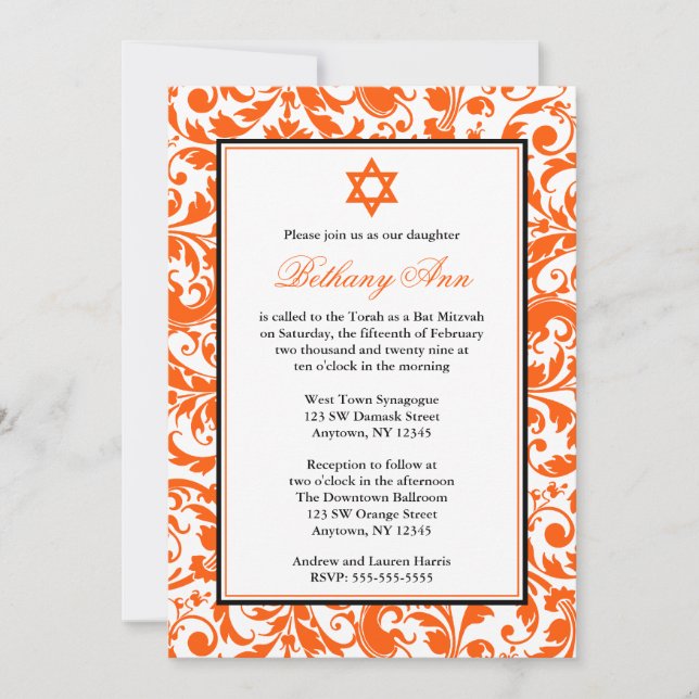 Bat mitzvah inbjudningar till orange Swirl-skadeda (Framsida)