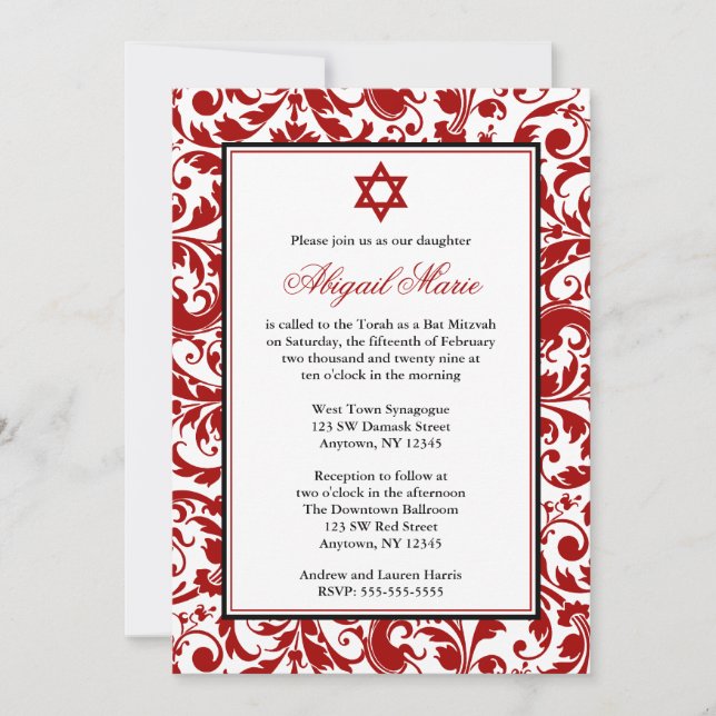 Bat mitzvah inbjudningar till Red Swirl Damask (Framsida)