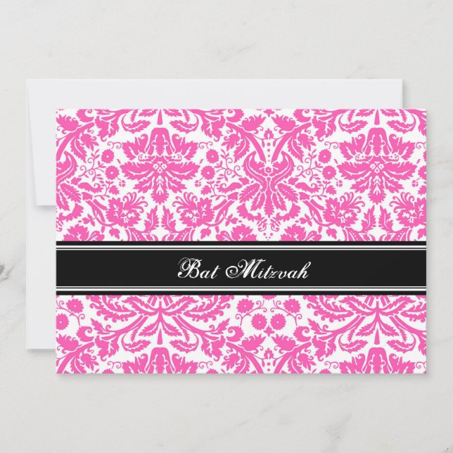 Bat mitzvah inbjudningar till Rosa Black Damask (Framsida)
