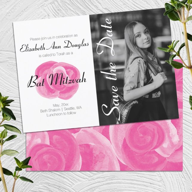 Bat mitzvah inbjudningar till rosa ros (Girlie pink, bold pink rose bat mitzvah invitation with photo, simple pink black white photo design)