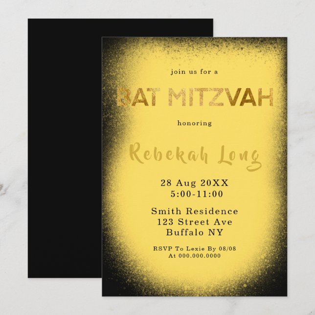 Bat mitzvah inbjudningar till svartvitt och Gult R (Fram/baksida)
