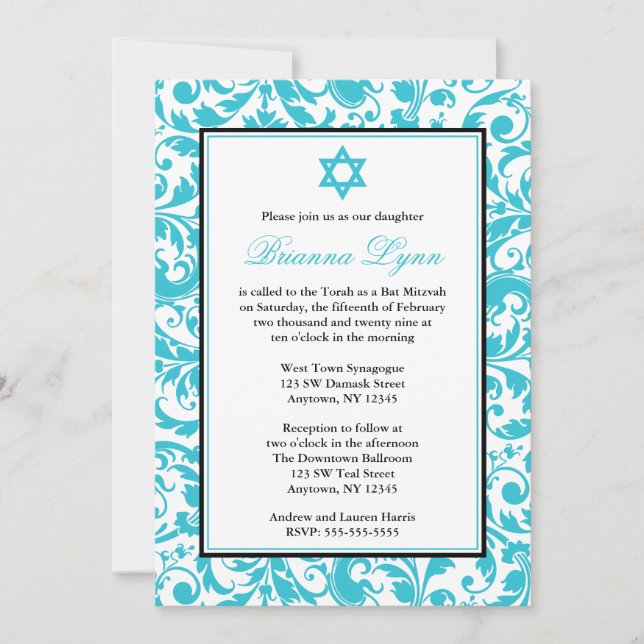 Bat mitzvah inbjudningar till Teal Blue Swirl Dama (Framsida)