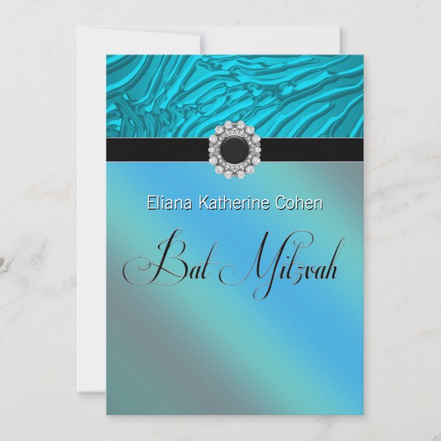 Bat mitzvah inbjudningar till Teal Blue Zebra (Framsida)