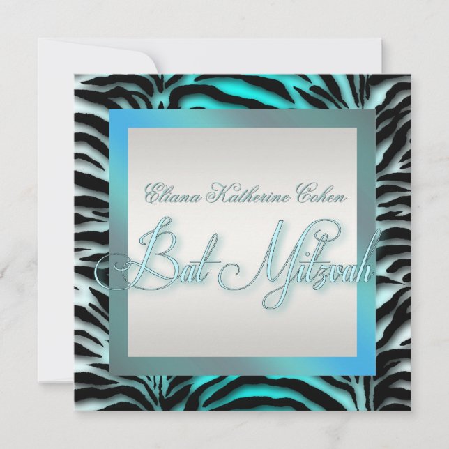 Bat mitzvah inbjudningar till Teal Blue Zebra (Framsida)