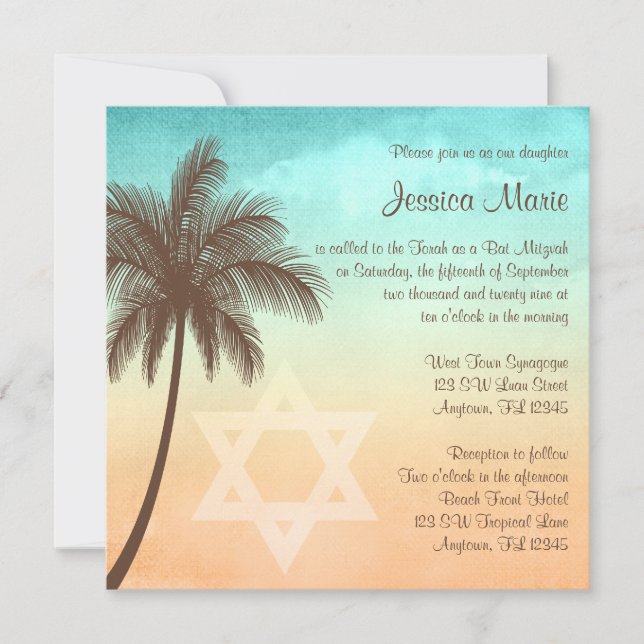 Bat mitzvah inbjudningar till Tropical Beach Handf (Framsida)