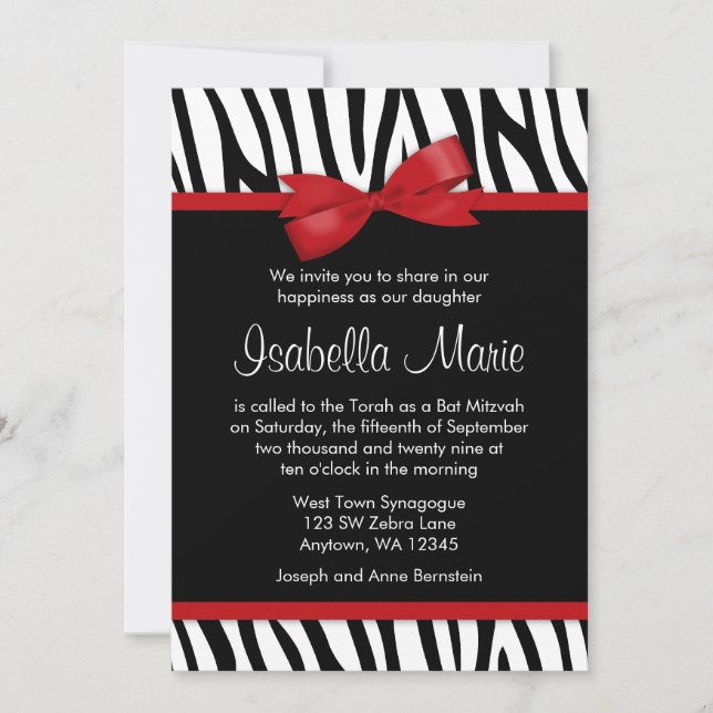 Bat mitzvah inbjudningar till Zebra Red-tryckt Bow (Framsida)