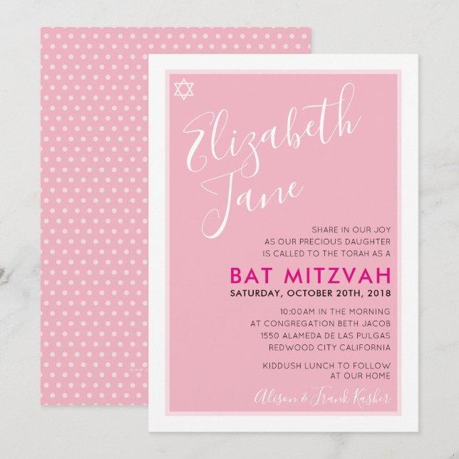BAT MITZVAH jewant star-snyggt mellan rosa inbjuda Inbjudningar (Fram/baksida)
